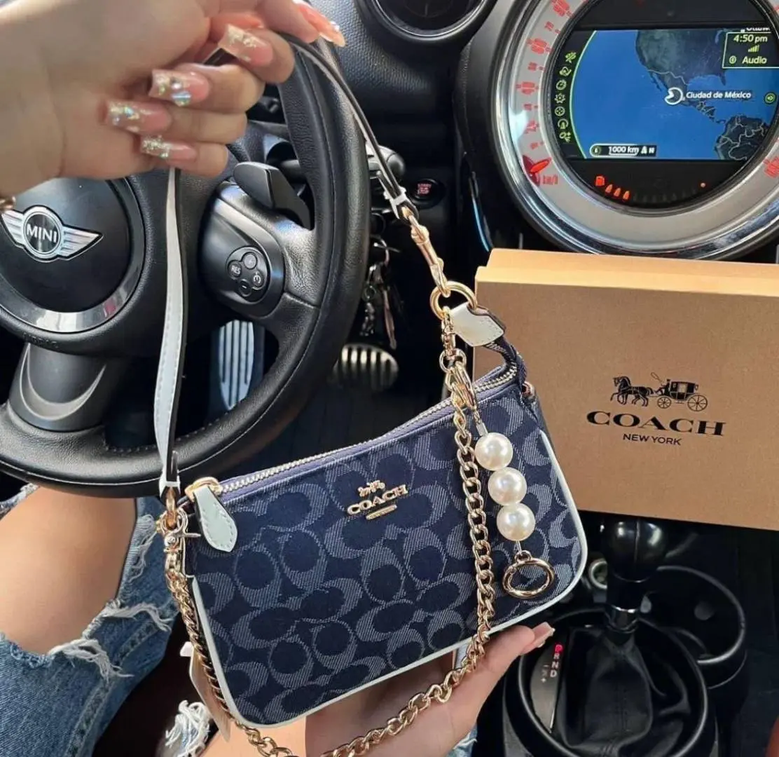 Coach Nolita 19 Denim-White With OriginalBox DustCover PearlCharm Chain - Image 4