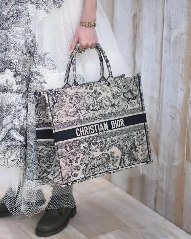 Dior Book Tote Black Toile De Jouy With OG Box & Dust Bag & Scarf (Black Tiger - 573)