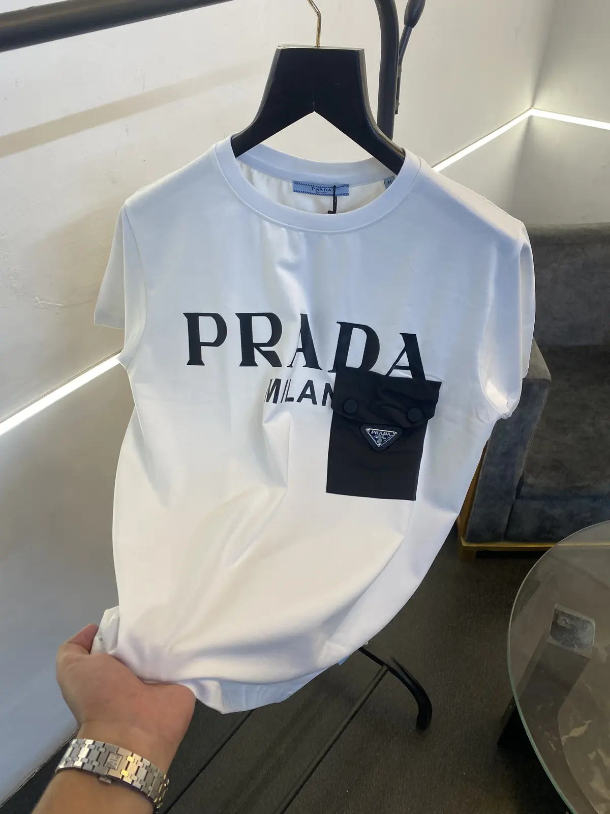 Prada turkey imported front pocket and print imported round neck tshirt white sale - Image 2