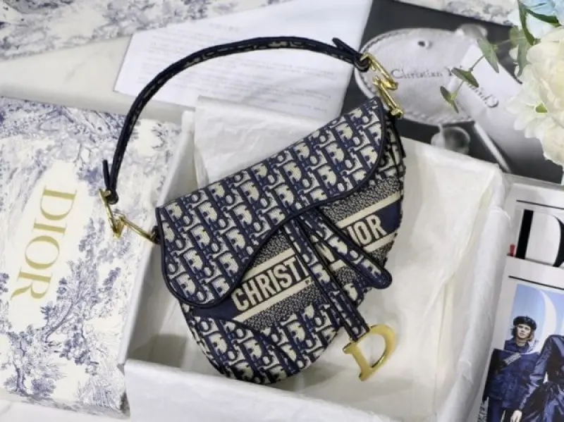Dior Saddle Bag Oblique Embroidery With OG Box & Dust Bag (Blue D-127) - Image 2