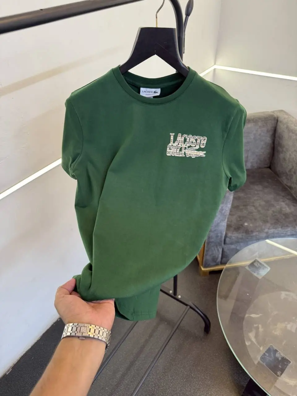 Lacoste premium imported round neck tshirt with front back print green sale - Image 2