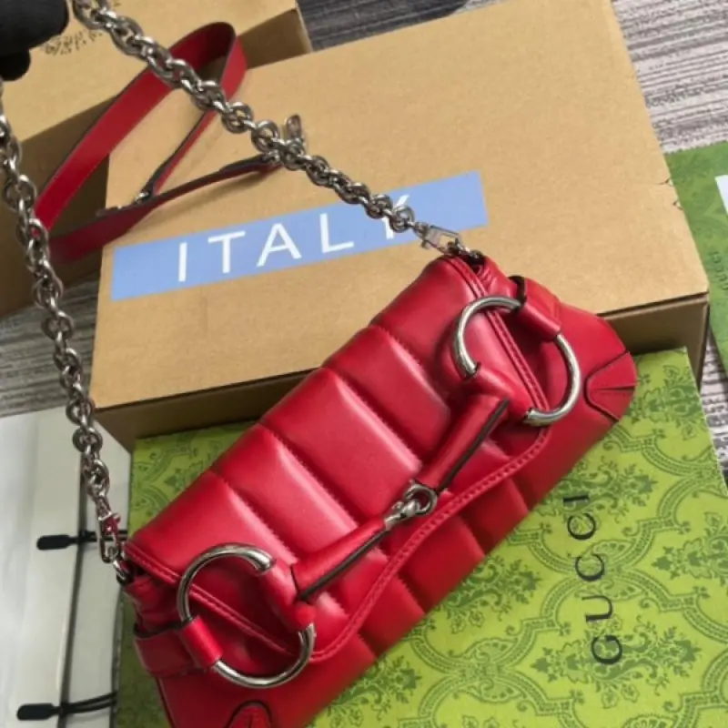 Gucci GG Horsebit Chain Shoulder Bag With OG Box & Dust Bag & 2 Belts & 1 Chain (Red-725) - Image 7