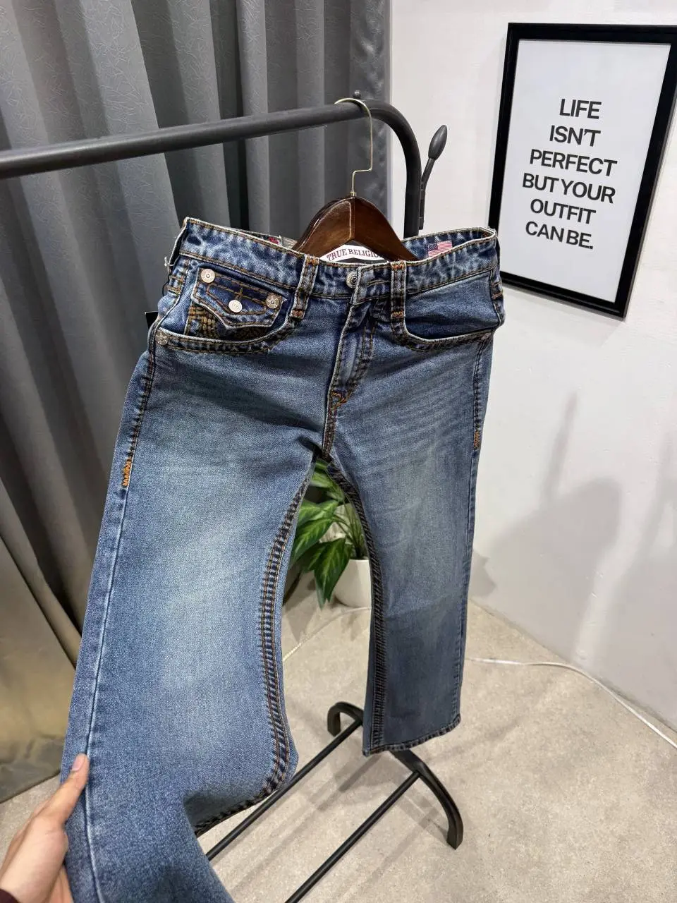 True religion boot cut blue imported denim with brand buttons - Image 2