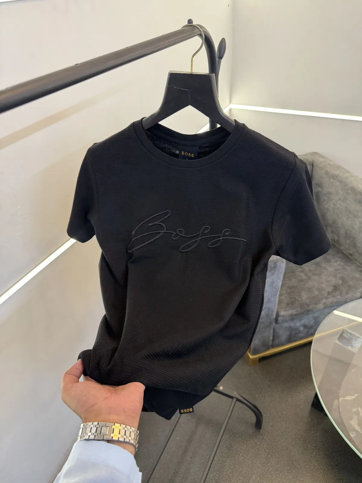 Hugo bos black turkish imported knitted popcorn fabric round neck tshirt with embroidery logo - Image 2
