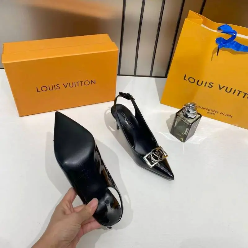 Louis Vuitton Black Patent Leather Slingback Pump Silver-tone Lv Logo Pointed Toe With OG Box & Carry Bag 936 Black - Image 4