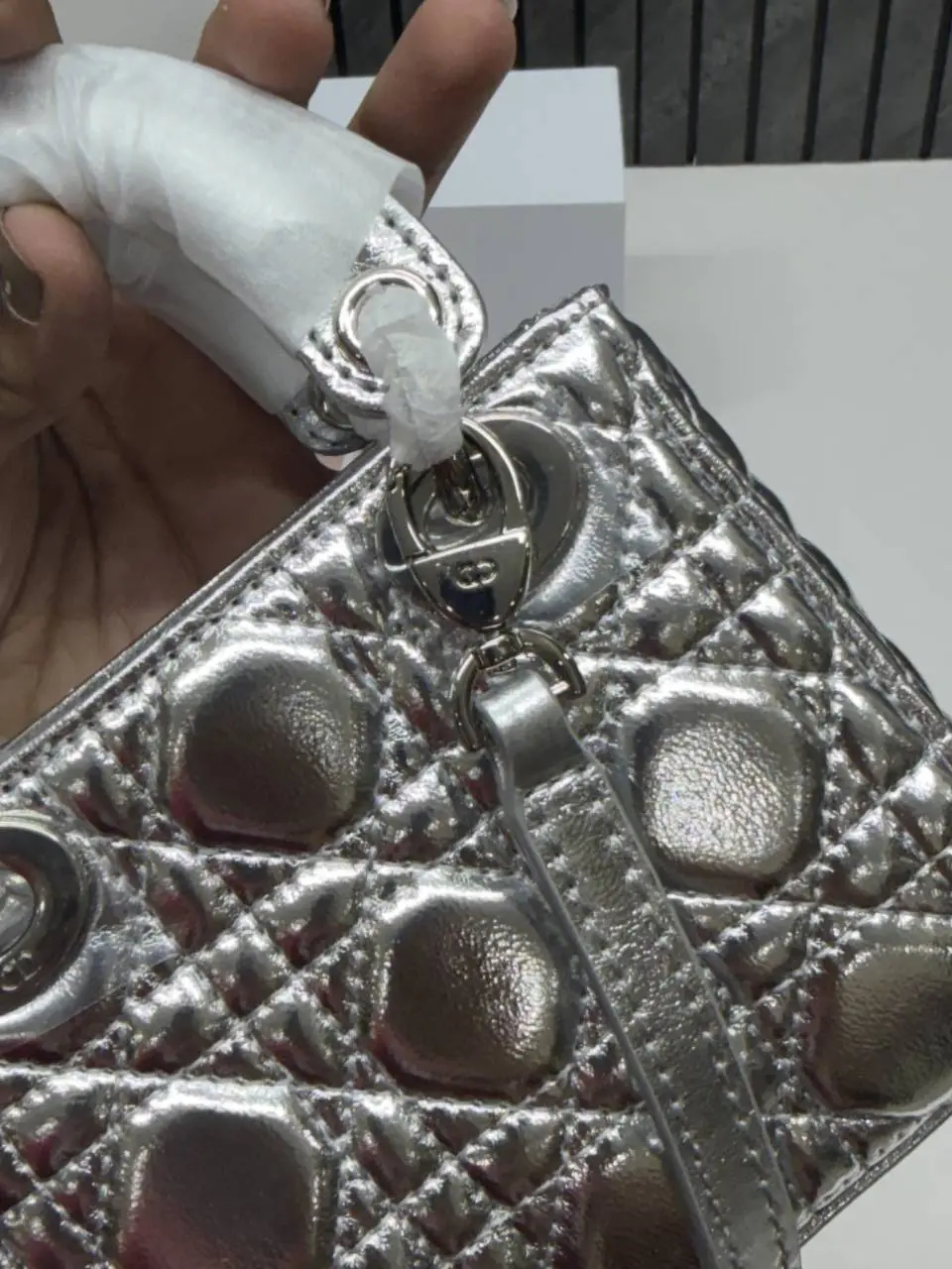 Dior CB Lady Nano Silver Leather With Original Box DustCover CarryBag & Ribbon - Image 9