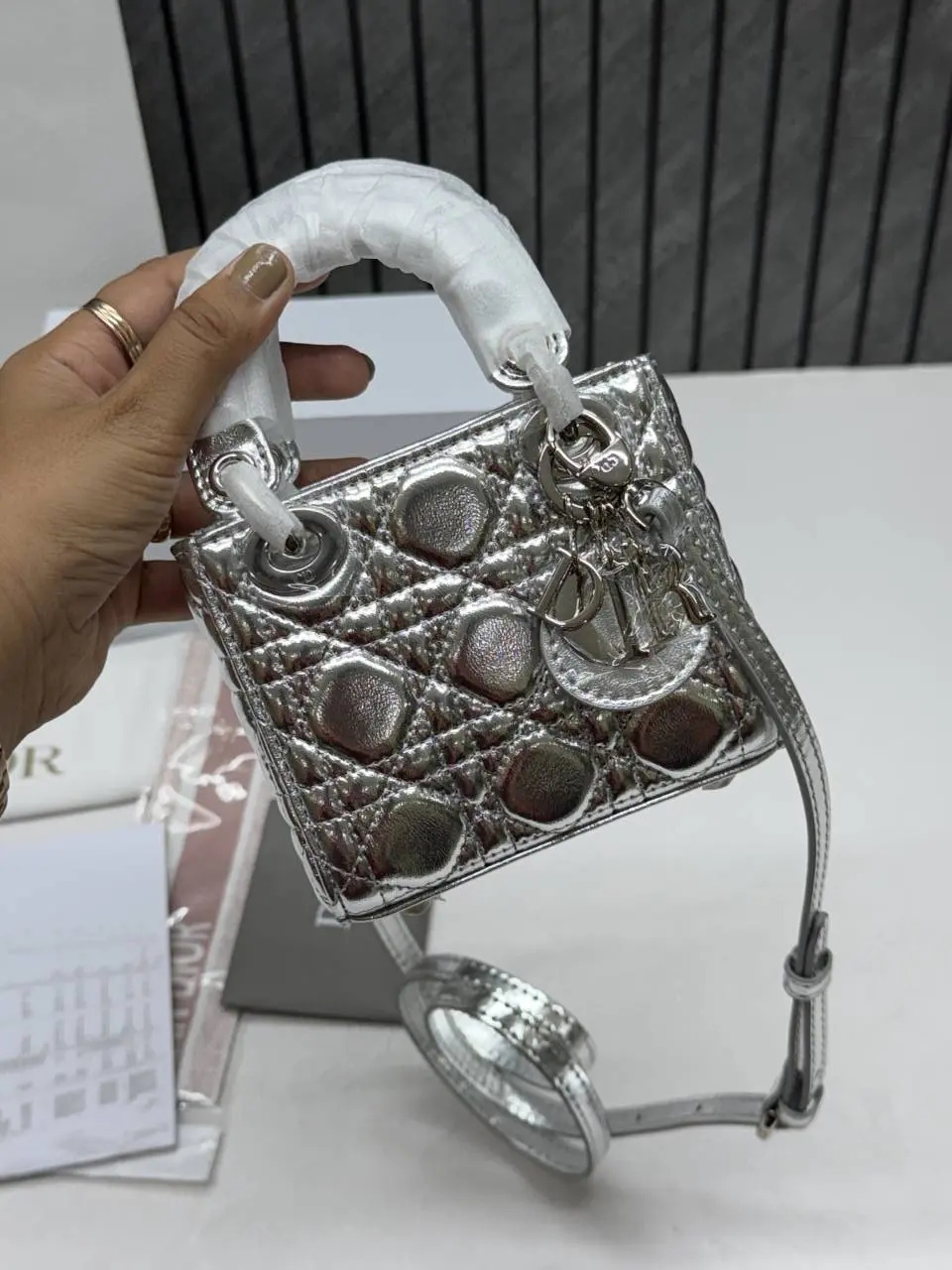 Dior CB Lady Nano Silver Leather With Original Box DustCover CarryBag & Ribbon - Image 7