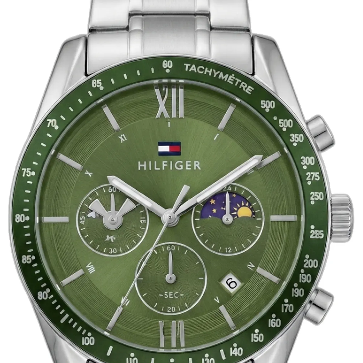 Tommy Hilfiger Multifunction Silver Green Dial - dial close-up