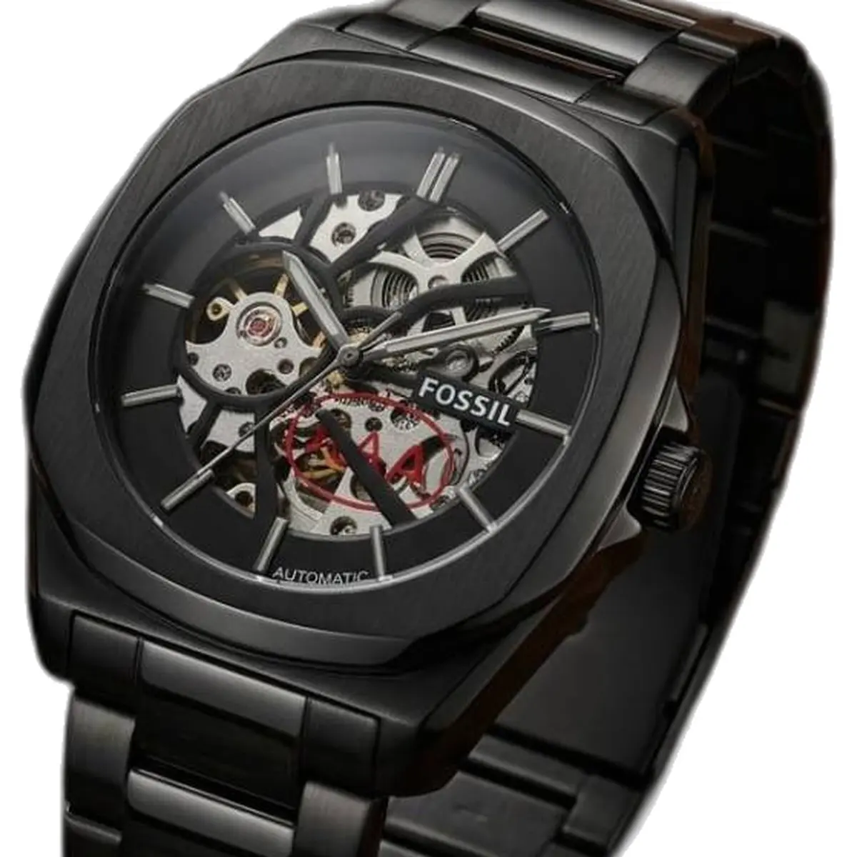 Fossil il Automatic Skeleton full black - dial close-up