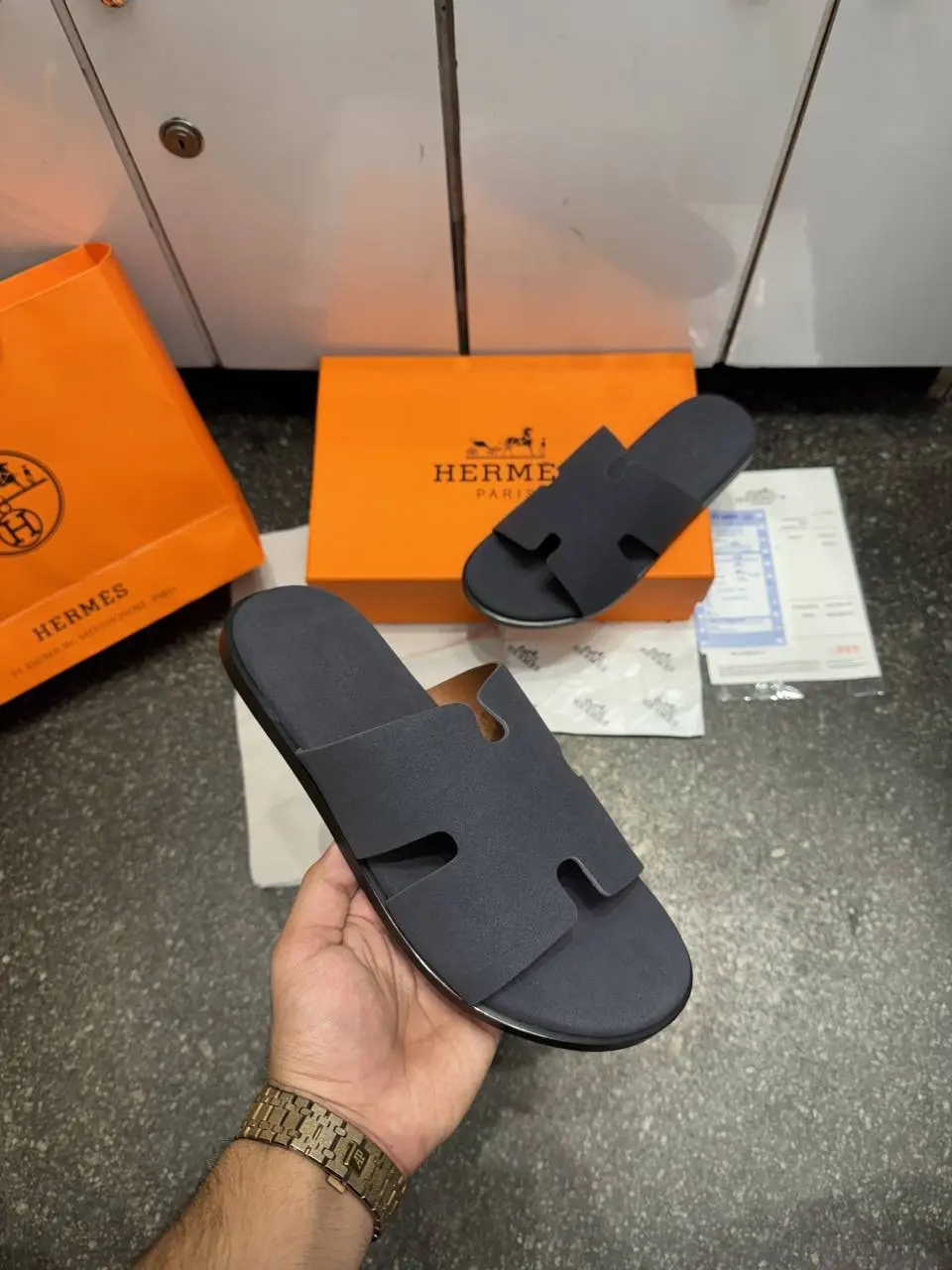 Hermes IZMIR ITALIAN SLIDE GREY SUEDE 020 - Image 5