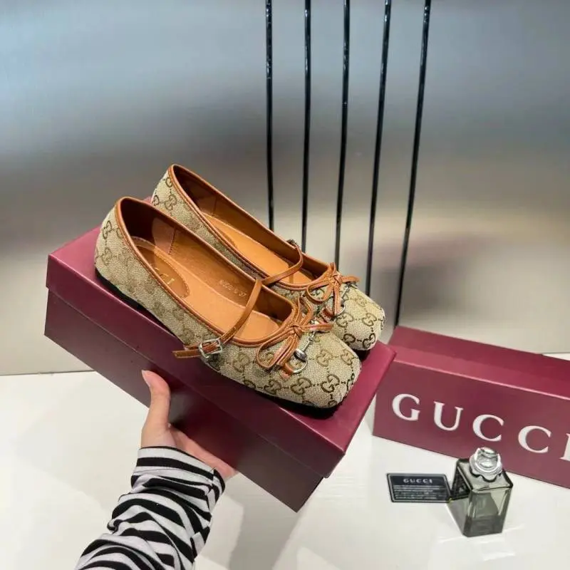 Gucci GG Canvas Strap Ballet Flats Signature Monogram Pattern Bow With OG Box & Carry Bag 8058-6 Apricot - Image 4