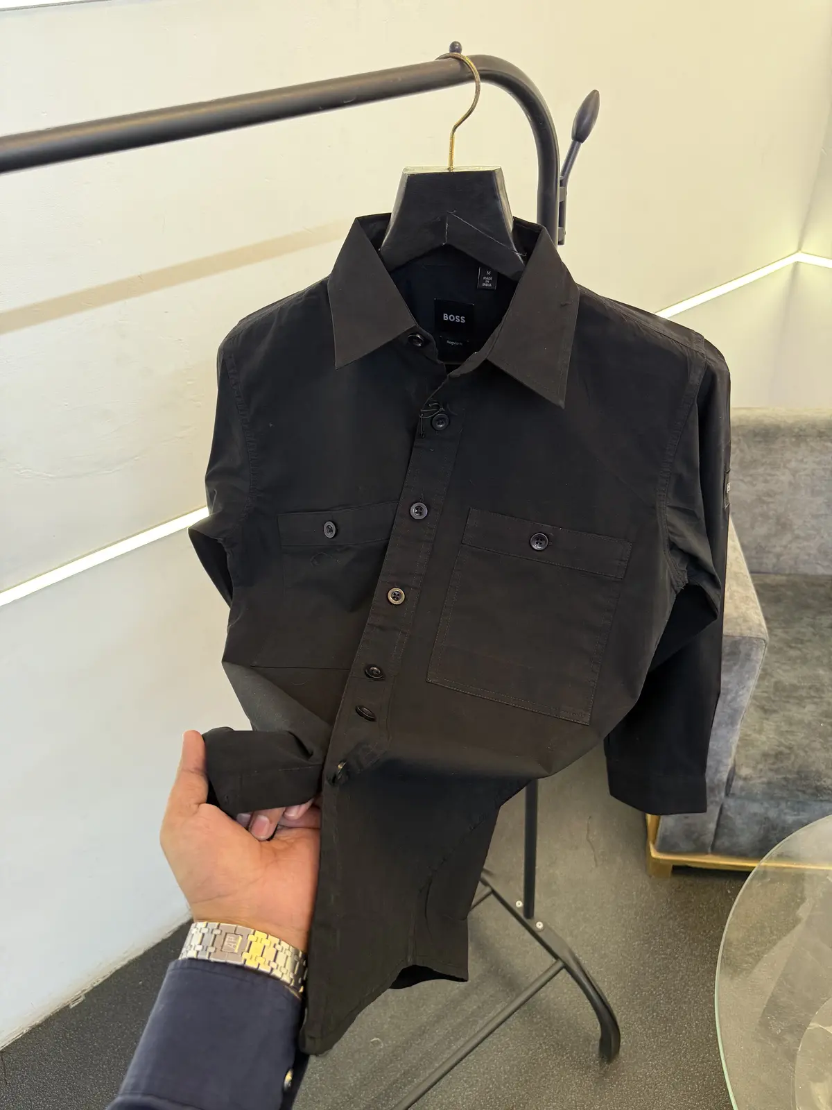 Hugo bos cargo double pocket imported shirt with embroidery logo on sleeves black - Image 2