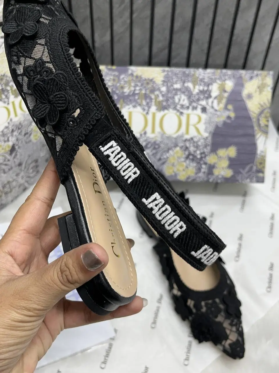 Dior JAdiyor Slingback Transparent Mesh Black Diyor Embroidery Flat With OG Box Dust Bag & Carry Bag - Image 5