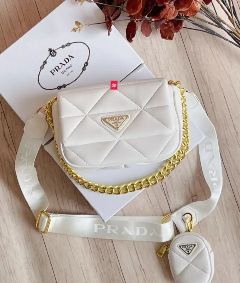 Prada System Nappa Bag With Pradda Iconic Triangle Design Pochette Bag With OG Box & Dust Bag (White-272)