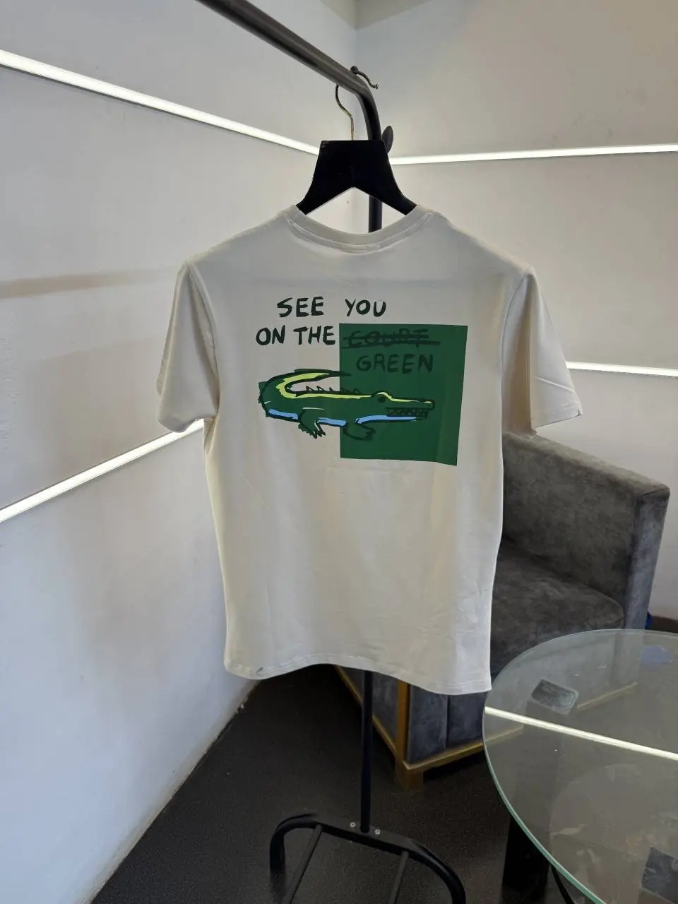 Lacoste premium imported round neck tshirt with front back print beige - Image 3