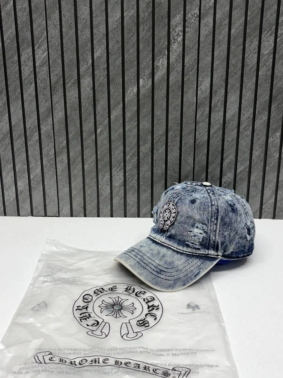 Chrome Hearts Ripped Denim Blue Premium Unisex Hat With Original Zip Polly Bag - Image 2