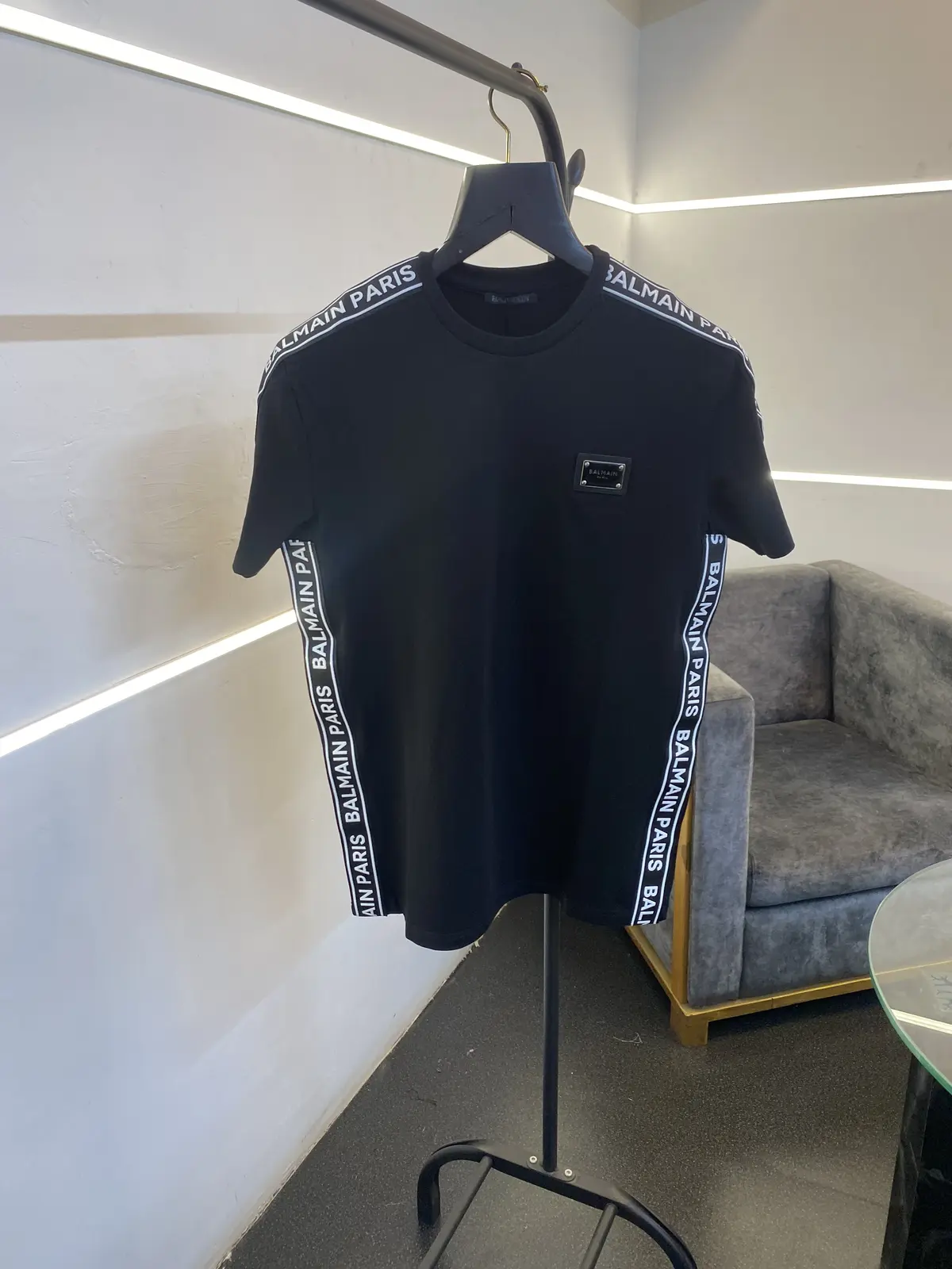 Balmain turkey imported round neck with side embossed print strip black sale