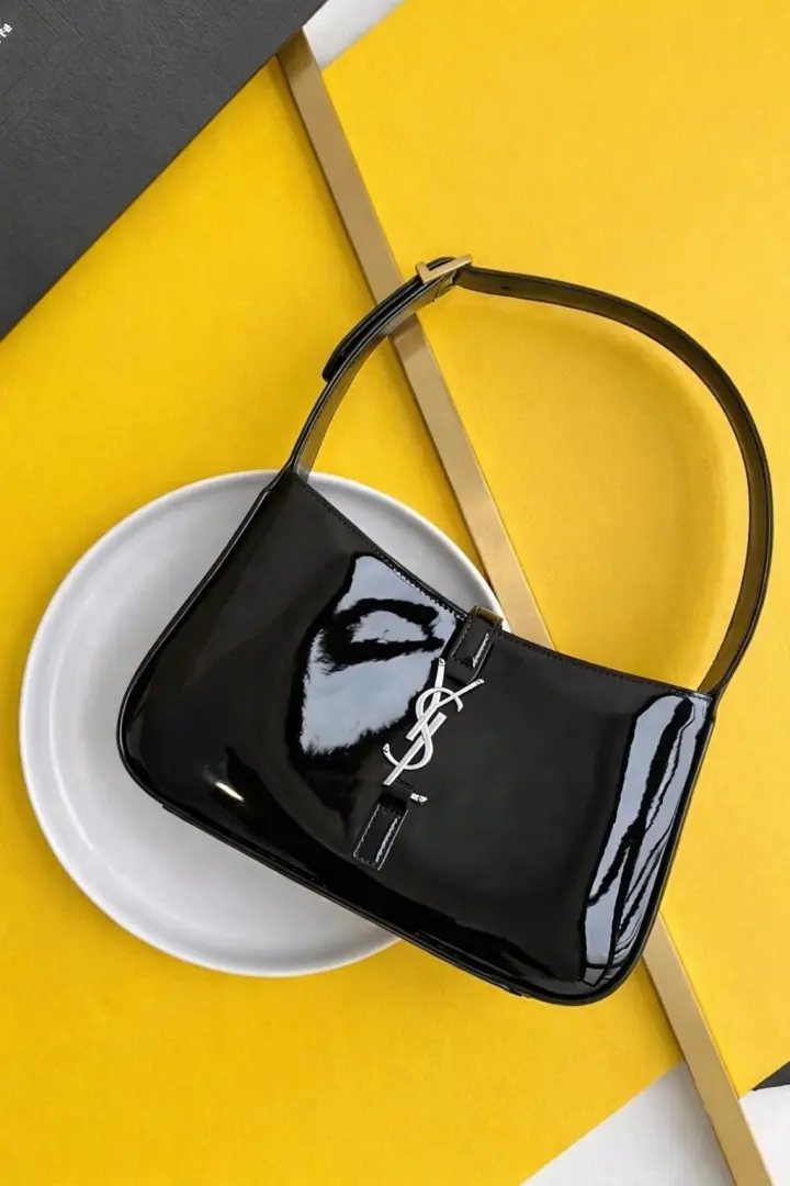 Ysl Hobo Patent Leather Black-Silver Top Zip Shoulder Bag With OriginalBox - Image 3