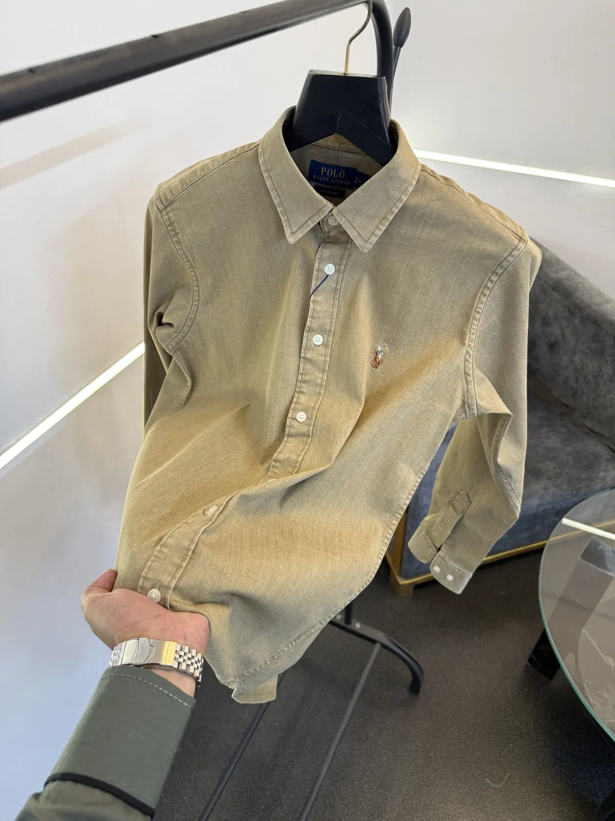 Ralph lauren beige imported denim shirt with embroidery logo on chest - Image 2