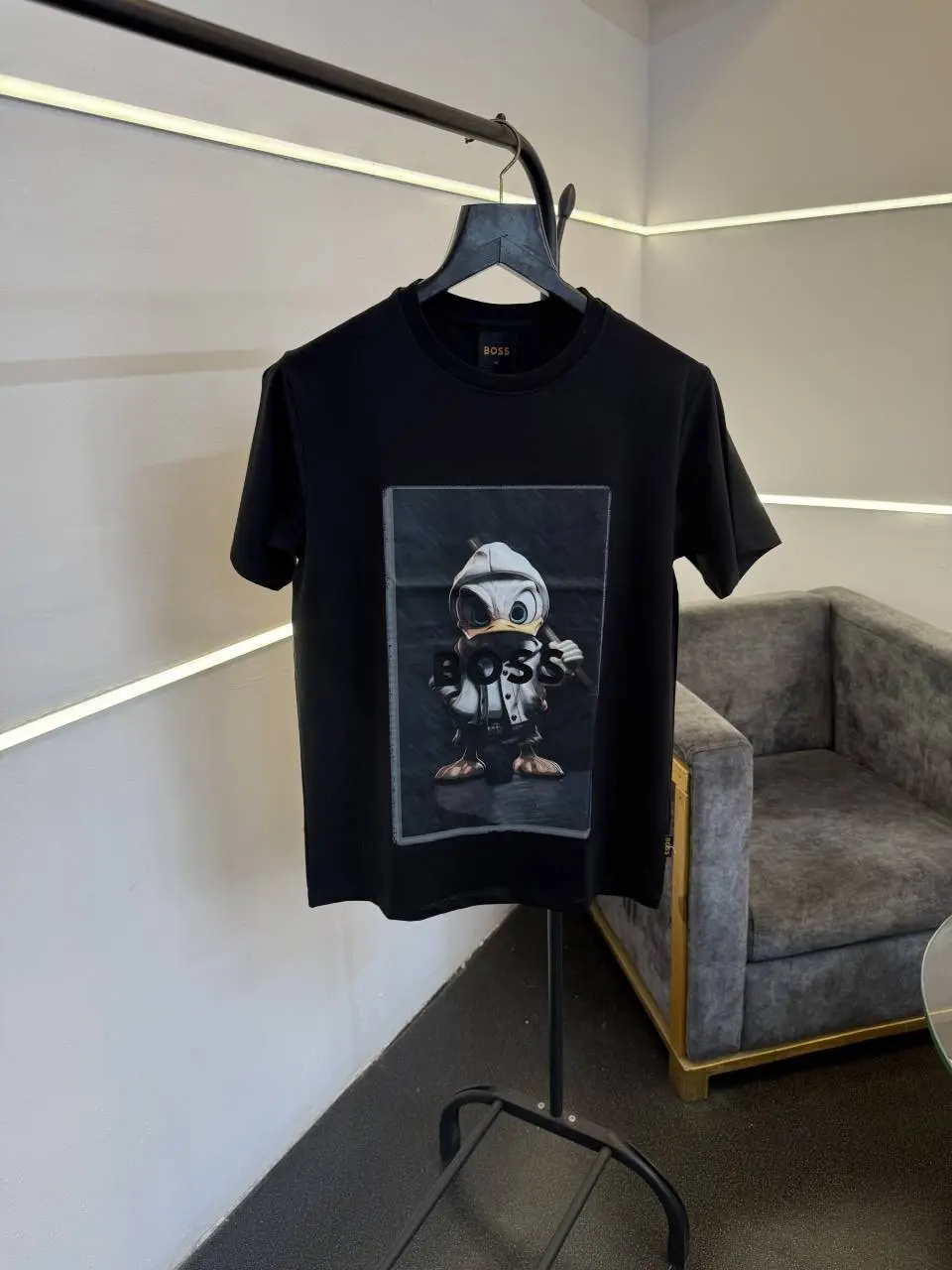 Hugo bos turkey imported heavy print and patch round neck tshirt black sale
