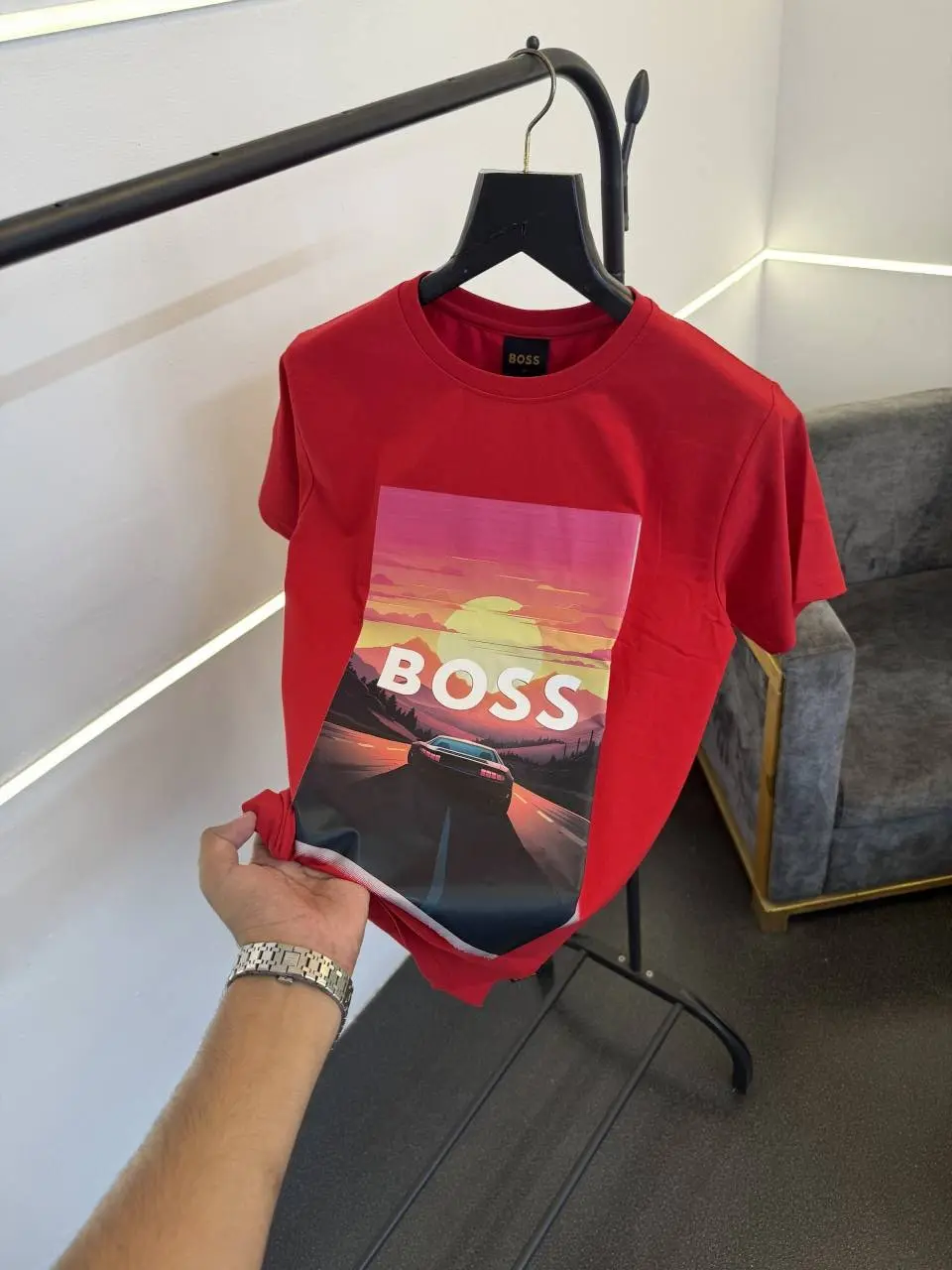 Hugo bos turkey imported heavy print and patch round neck tshirt red sale - Image 2