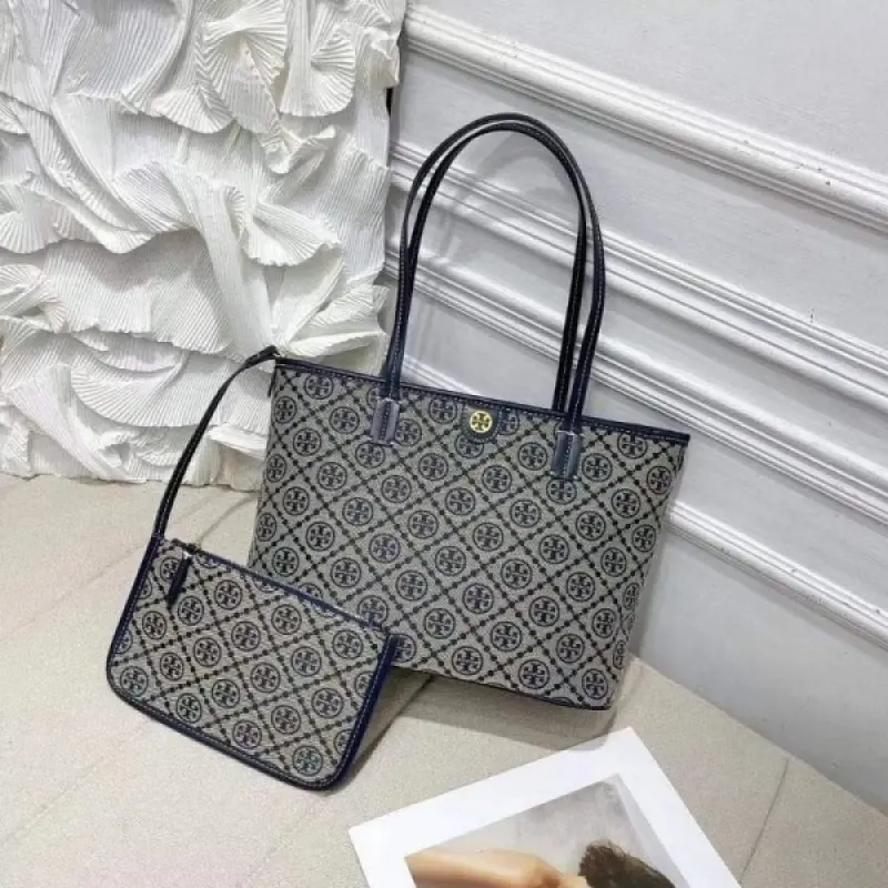 Tori Burch T Monogram Tote With OG Box & Dust Bag & Extra Pouch (Blue - 633) - Image 5