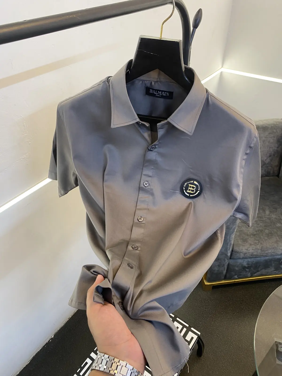 Balmain steel chest and sleeves logo half sleeves imported shirt grey - Image 3