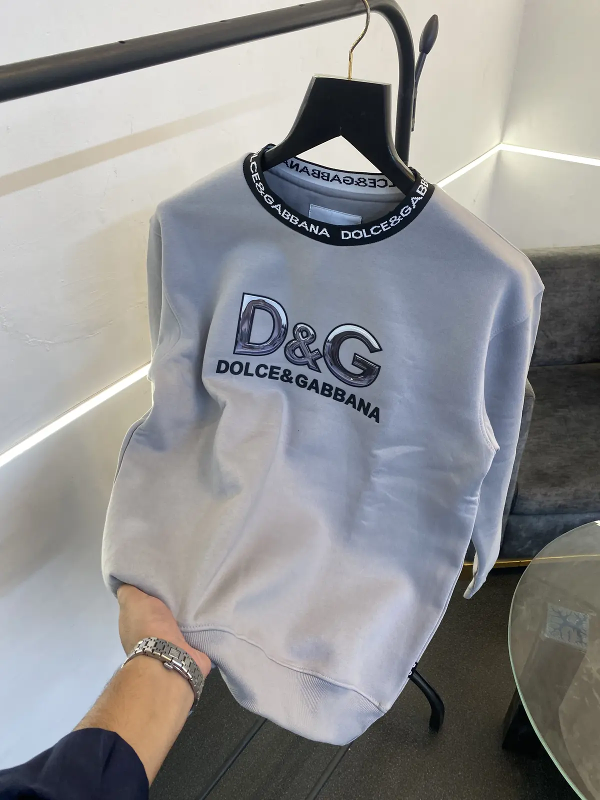 Dolce Gabana heavy gsm fleece fabric round neck sweatshirt with imported brand gloss print on front with knitted collar strip grey - Image 2