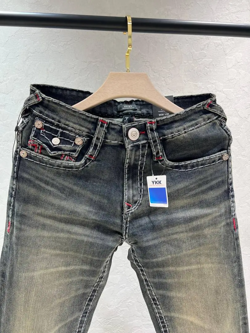 True Religion Green Shade Straight Fit Premium Imported Fabric Denim with Back Flap pockets and Embroidered work 4536 - Image 4