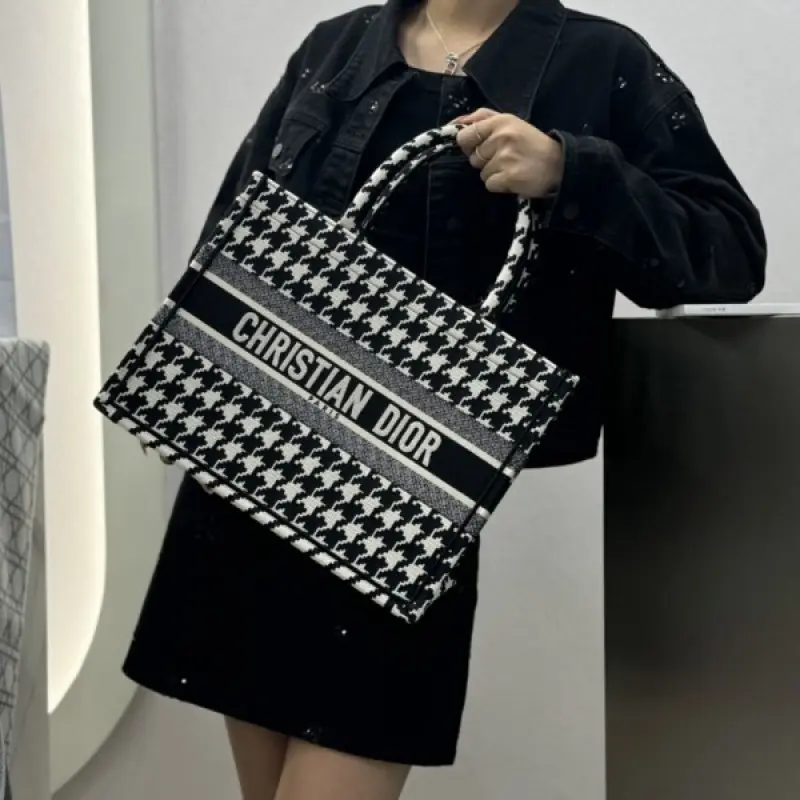 Dior Book Tote Black Oblique With OG Box & Dust Bag & Scarf (Black Cheks-843) - Image 2