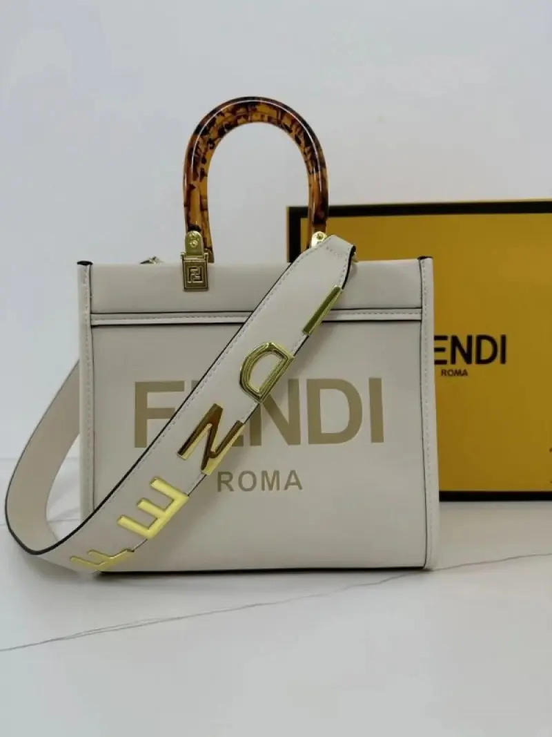 Fendi Roma Sunshine Small Tote Bag With Dust Bag & Shoulder Strap (White-981)