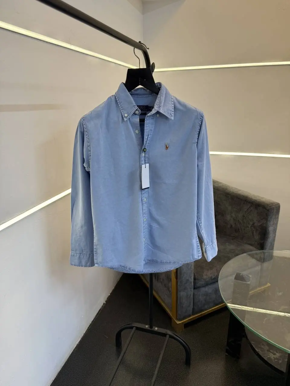 Ralph lauren sky blue denim imported shirt with embroidery logo on chest