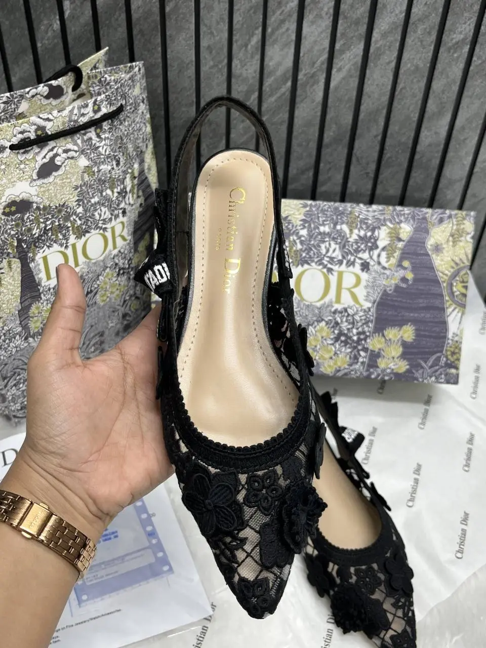 Dior JAdiyor Slingback Transparent Mesh Black Diyor Embroidery Flat With OG Box Dust Bag & Carry Bag - Image 6