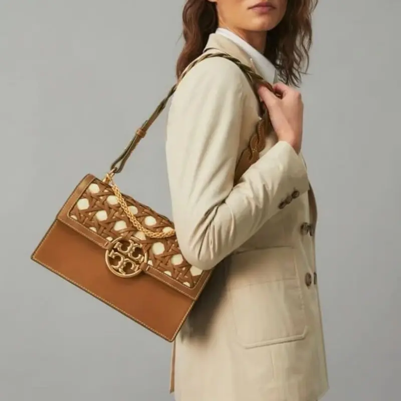 Tori Burch Miller Basket Weave Premium Shoulder Bag With OG Box & Dust Bag (Brown - 498) - Image 2
