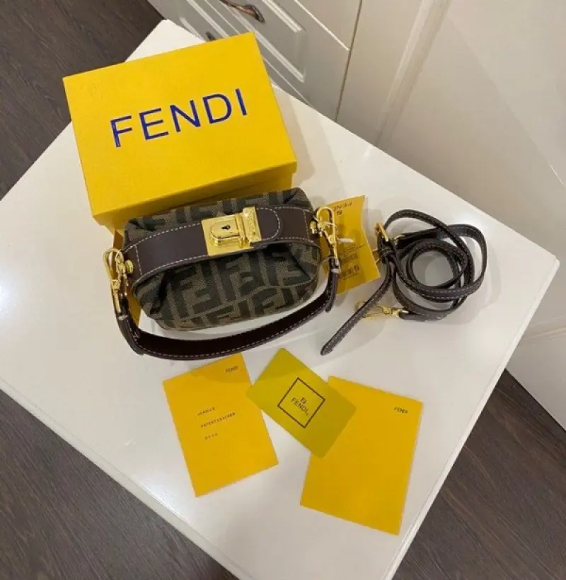 Fendi Baguette Mini Premium Hobo Bag With OG Magnetic Box & Dust Bag & 2 Belts (Brown-884) - Image 10