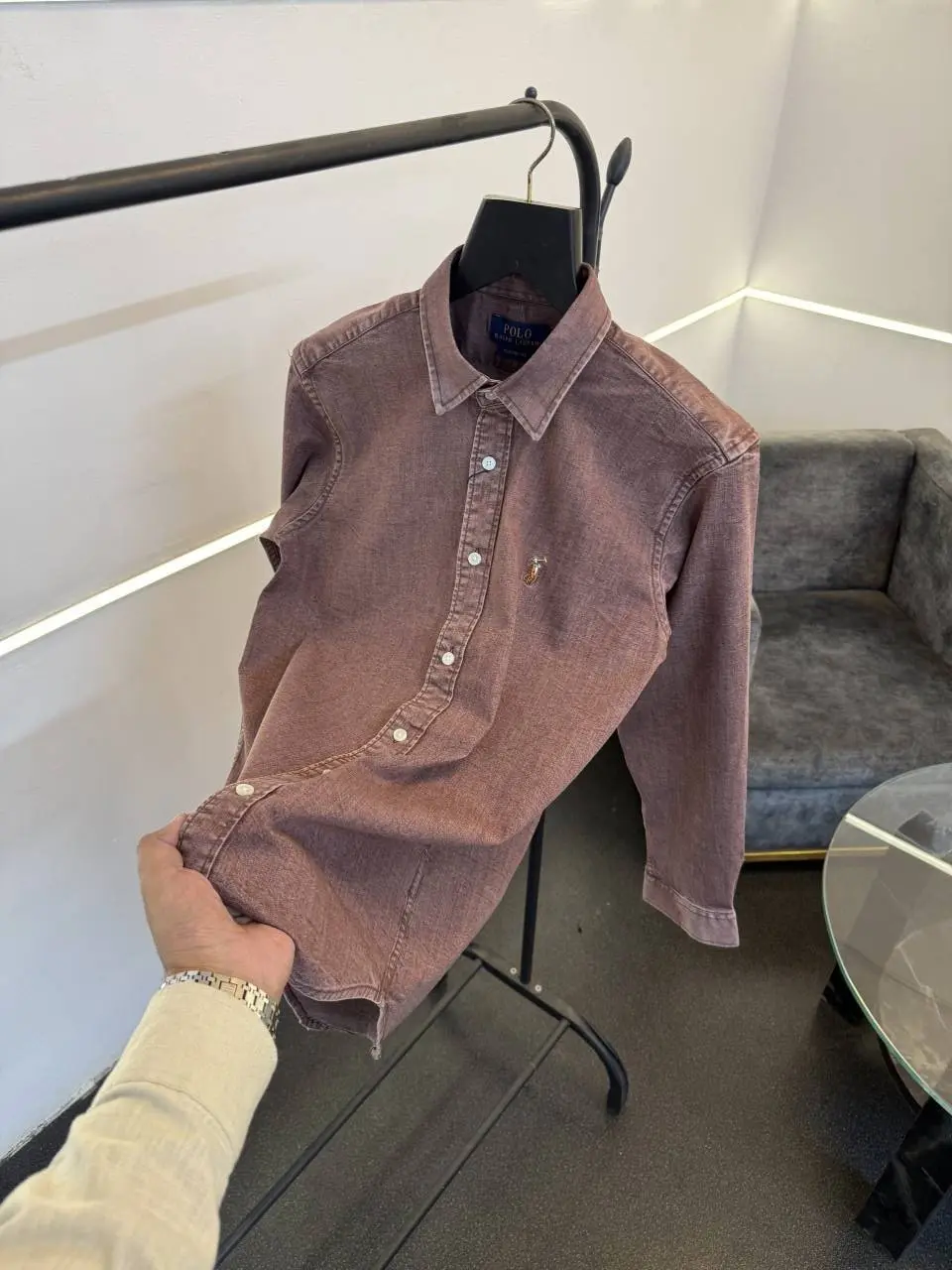 Ralph lauren pink imported denim shirt with embroidery logo on chest - Image 2