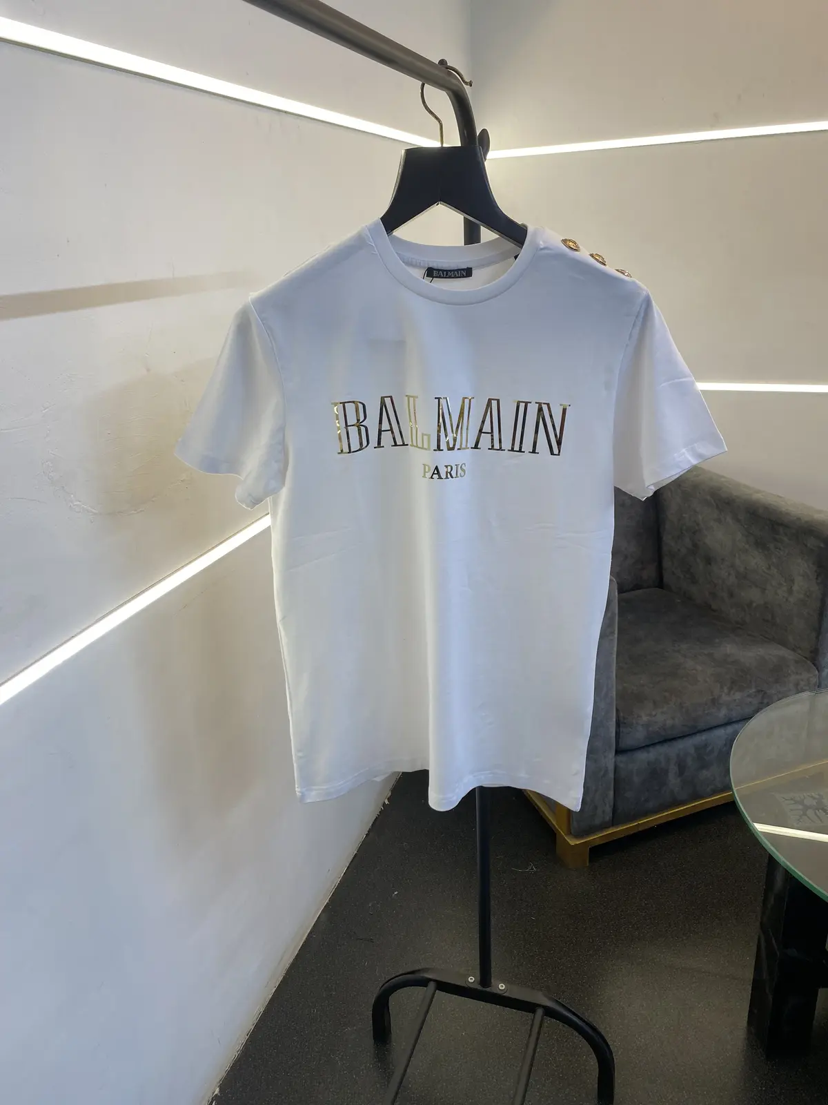 Balmain turkey imported round neck tshirt with shoulder button and logo print white gold