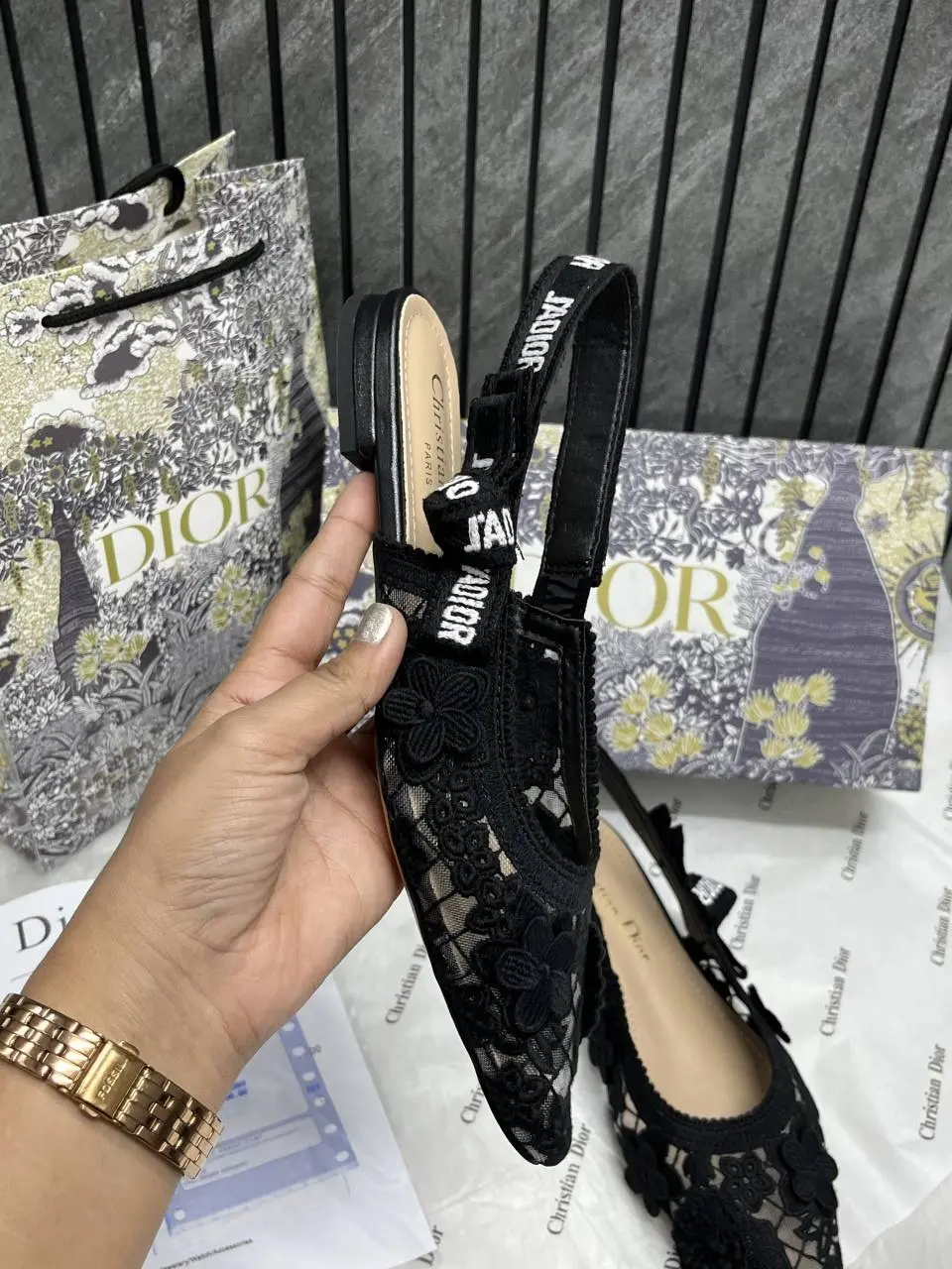 Dior JAdiyor Slingback Transparent Mesh Black Diyor Embroidery Flat With OG Box Dust Bag & Carry Bag - Image 3