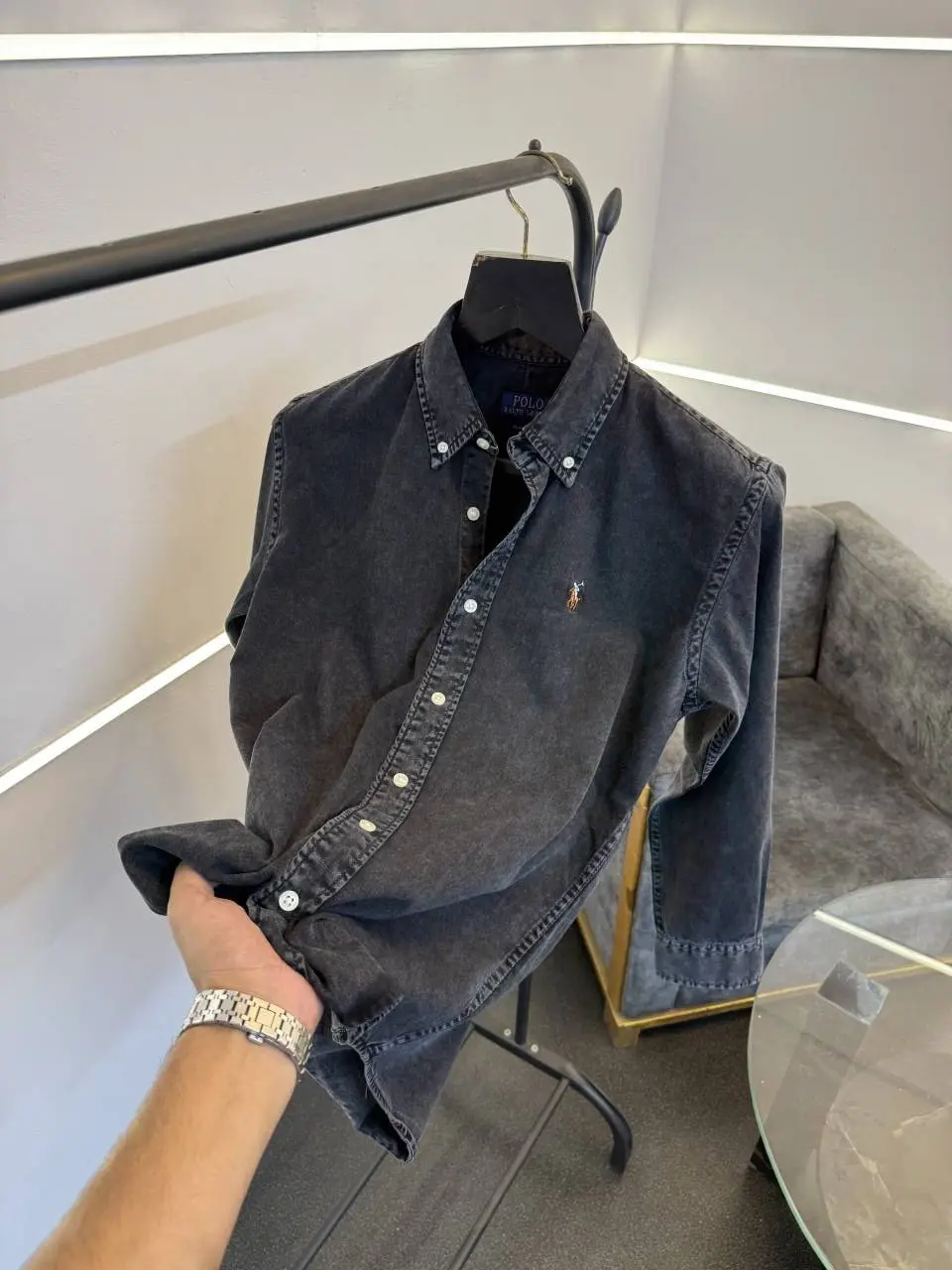 Ralph lauren carbon black denim imported shirt with embroidery logo on chest - Image 2