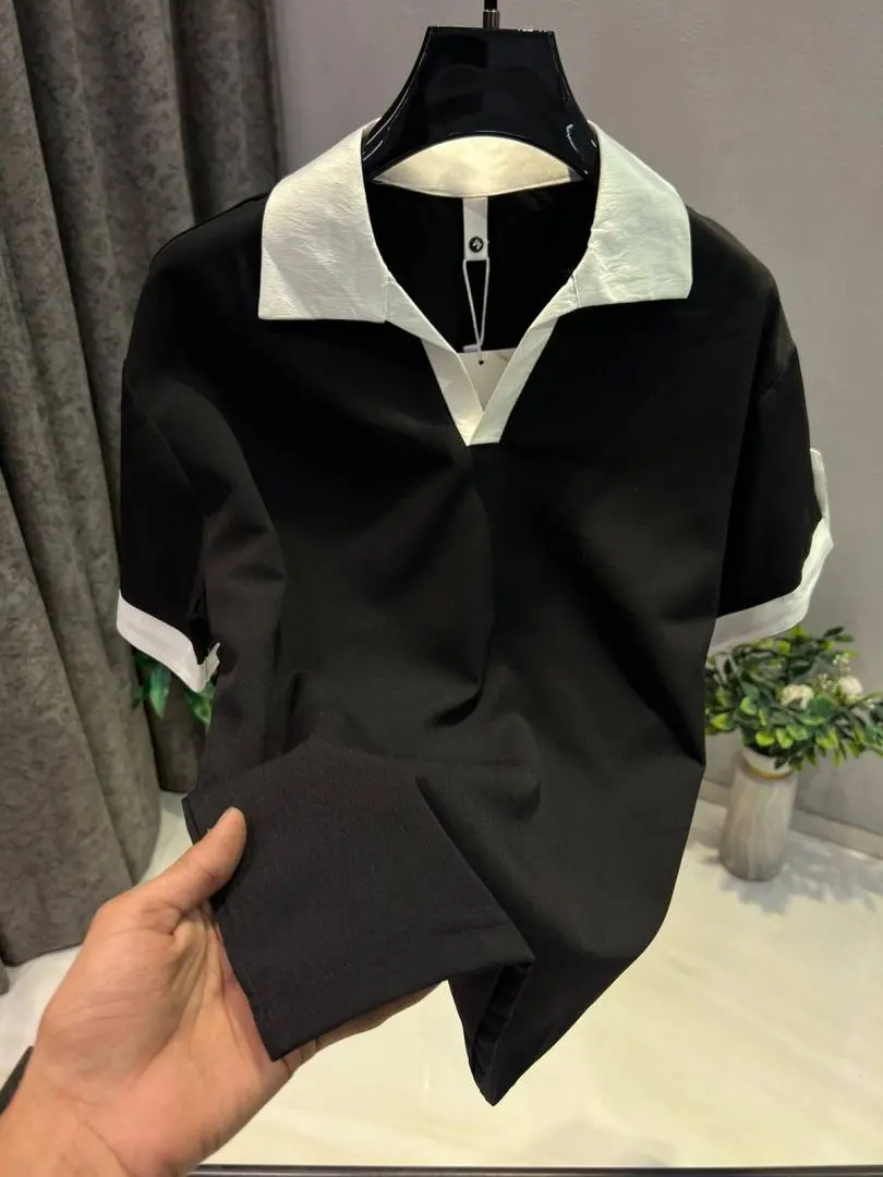 KOREAN IMPORTED HIGH DEMAND ARTICLE POLO T-SHIRT BLACK WHITE - Image 2