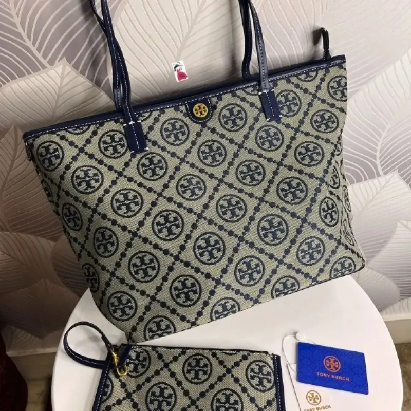 Tori Burch T Monogram Tote With OG Box & Dust Bag & Extra Pouch (Blue - 633) - Image 3