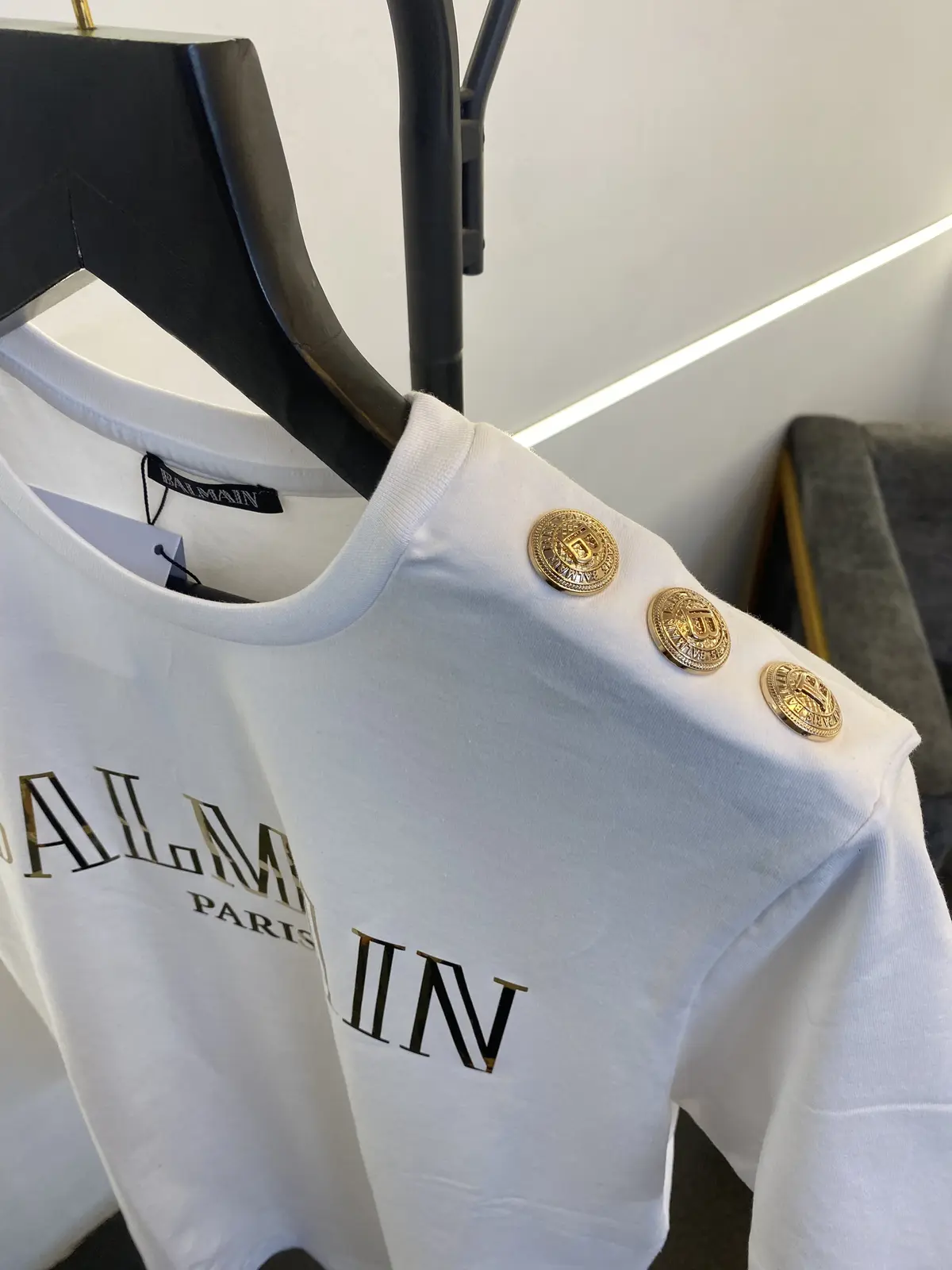 Balmain turkey imported round neck tshirt with shoulder button and logo print white gold - Image 3