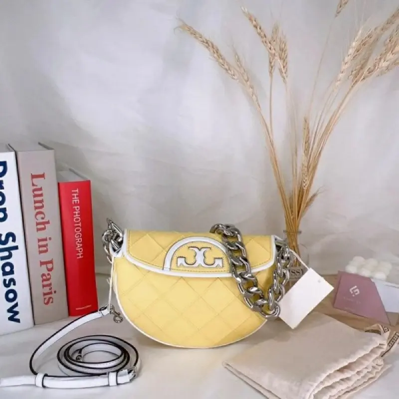 Tori Burch Fleming Crescent Premium Bag With OG Box & Dust Bag (Yellow - 608) - Image 6