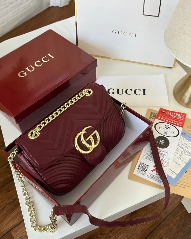 Gucci GG Marmont Premium Shoulder Bag With OG Double Box & Premium Dust Bag & Carry Bag & Accessories (Wine - 1230) - Image 5