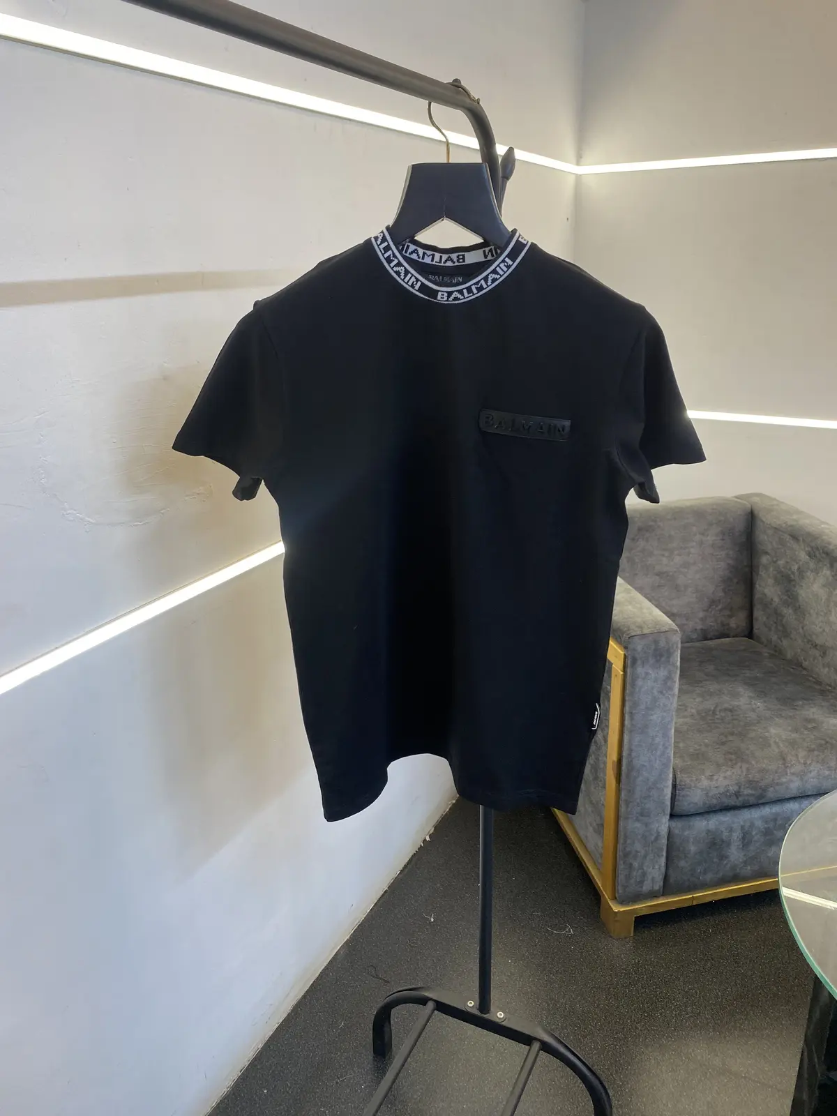 Balmain turkey imported round neck with knitted collar with chest logo black sale