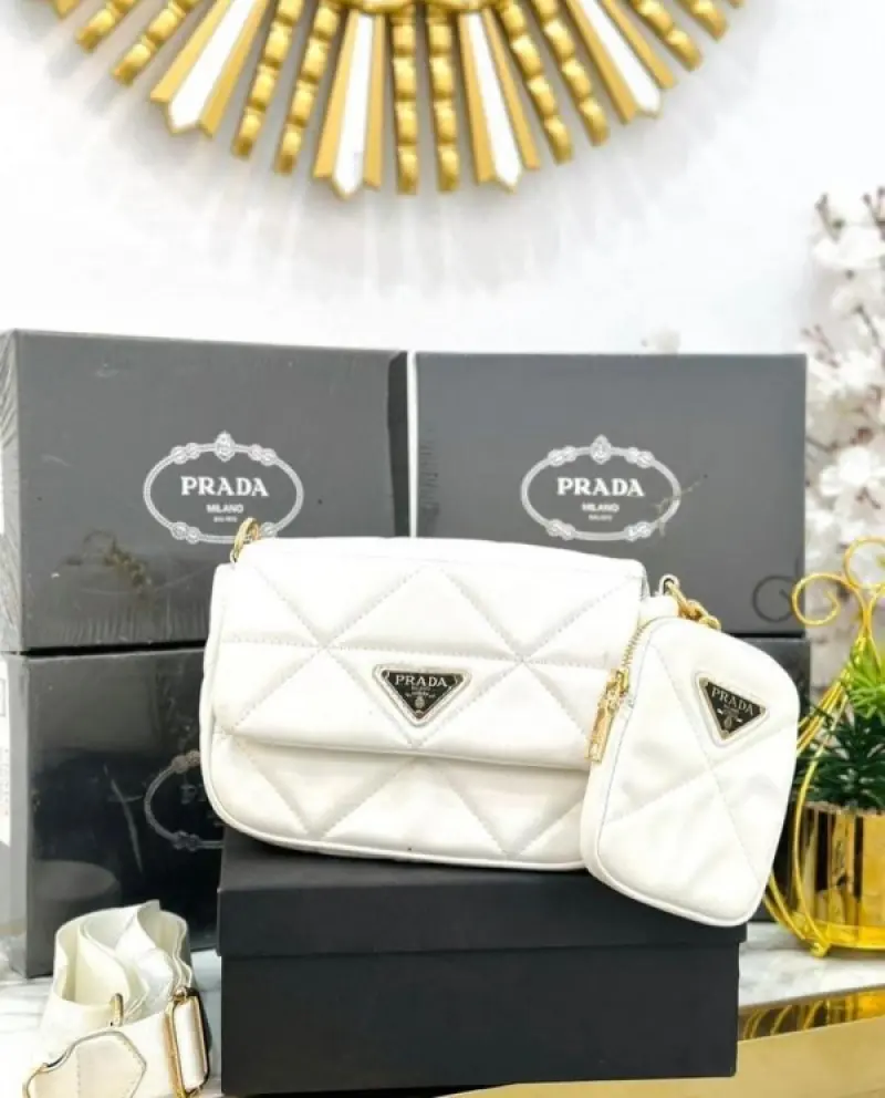 Prada System Nappa Bag With Pradda Iconic Triangle Design Pochette Bag With OG Box & Dust Bag (White-272) - Image 7