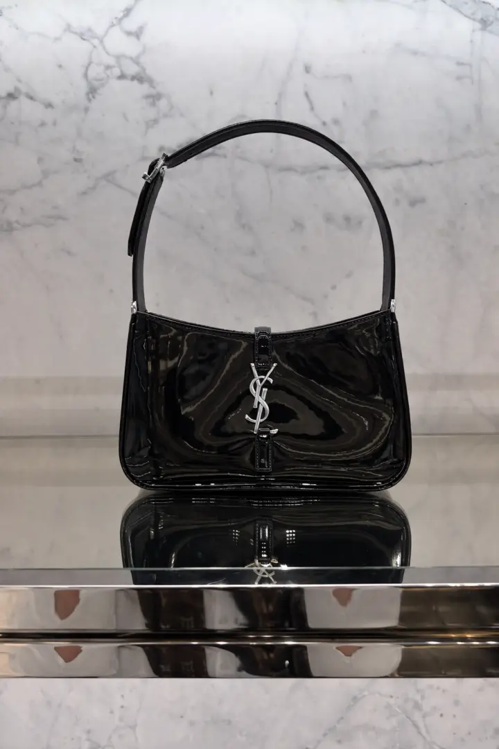 Ysl Hobo Patent Leather Black-Silver Top Zip Shoulder Bag With OriginalBox