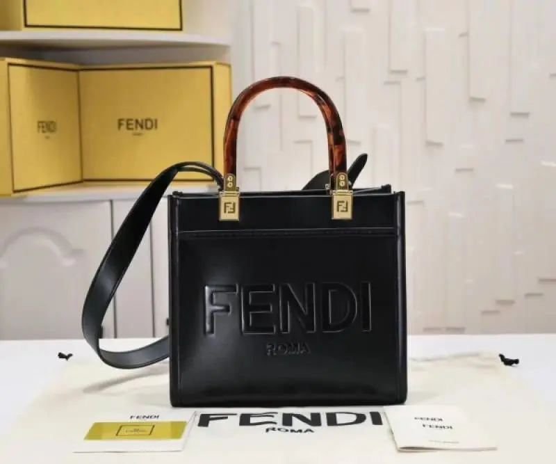 Fendi Roma Sunshine Small Tote Bag With Dust Bag & Shoulder Strap (Black-980) - Image 4