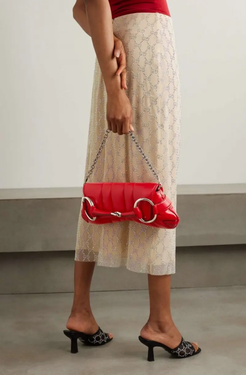 Gucci GG Horsebit Chain Shoulder Bag With OG Box & Dust Bag & 2 Belts & 1 Chain (Red-725) - Image 5