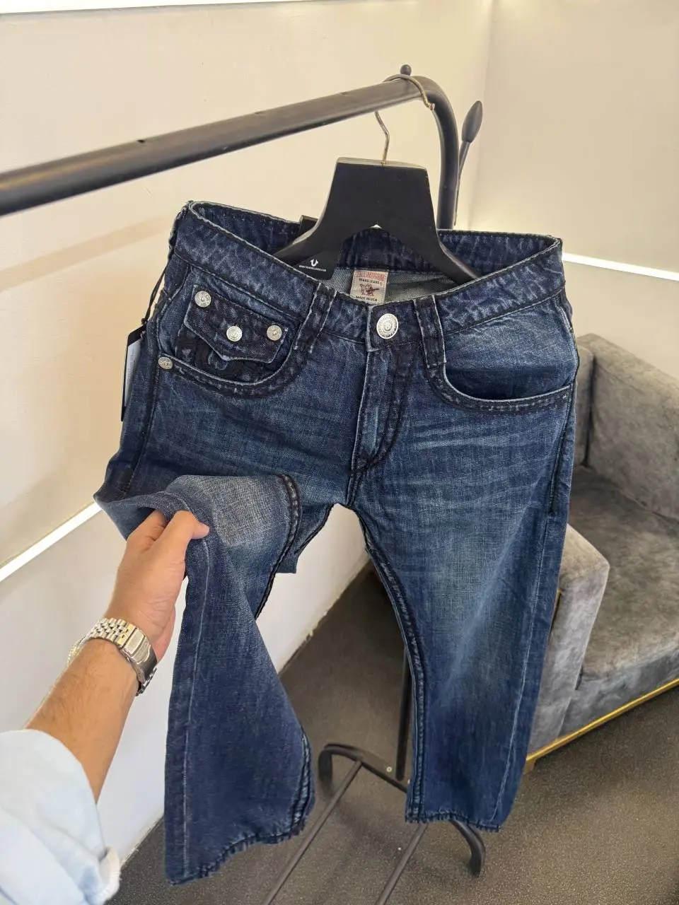 True religion hyperflex blue imported denim with brand button and pattern on back - Image 2